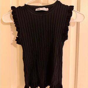 Zara Black Ribbed Ruffle Top